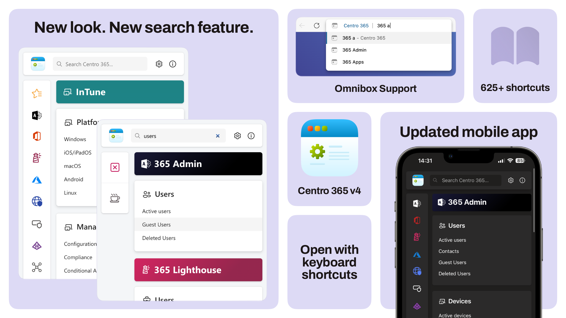 A promotional image highlighting new features in Centro 365 v4, such as search, keyboard shortcuts and the new design.