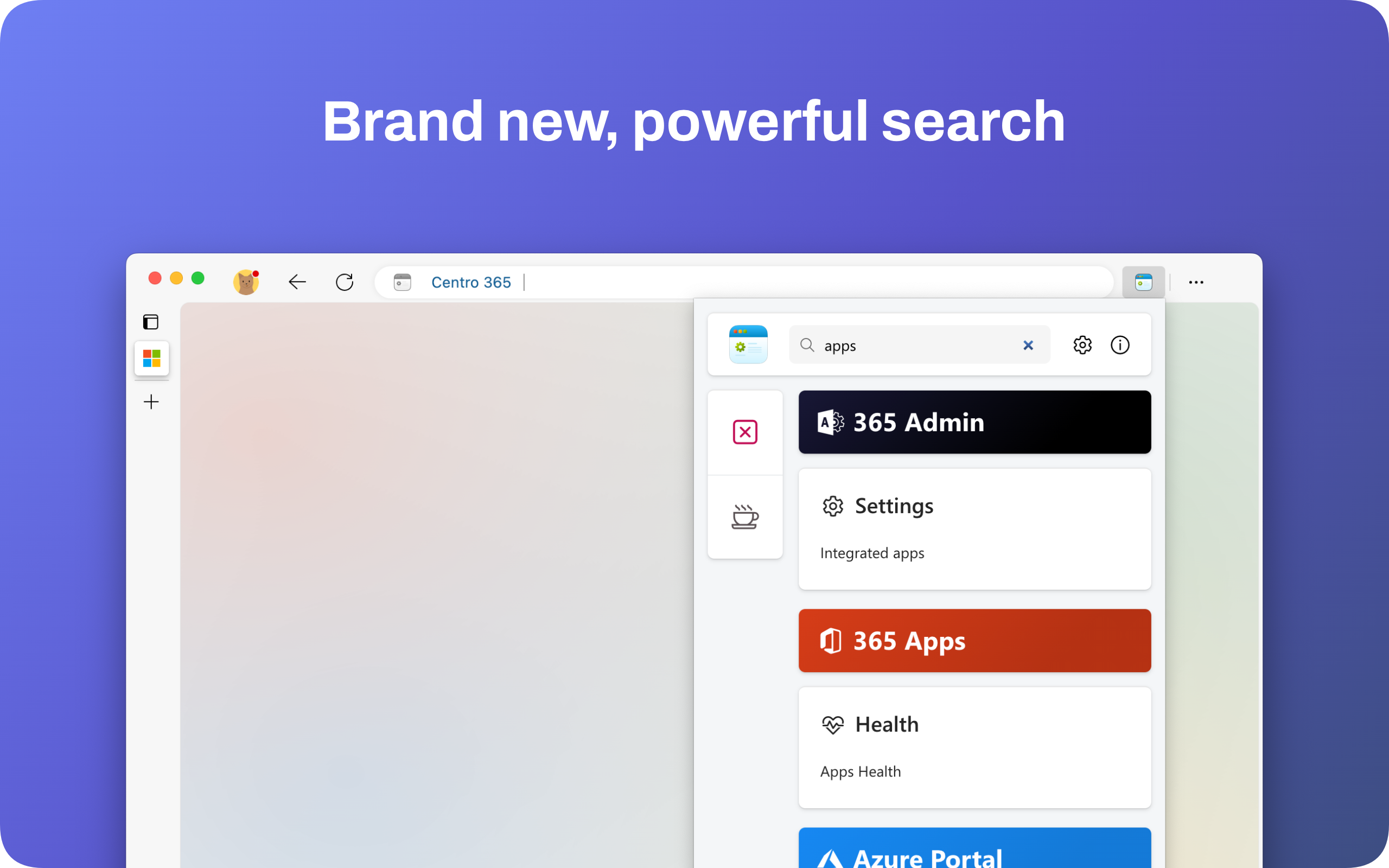 A screenshot of Centro 365 with its main window open, searching for the word 'apps'