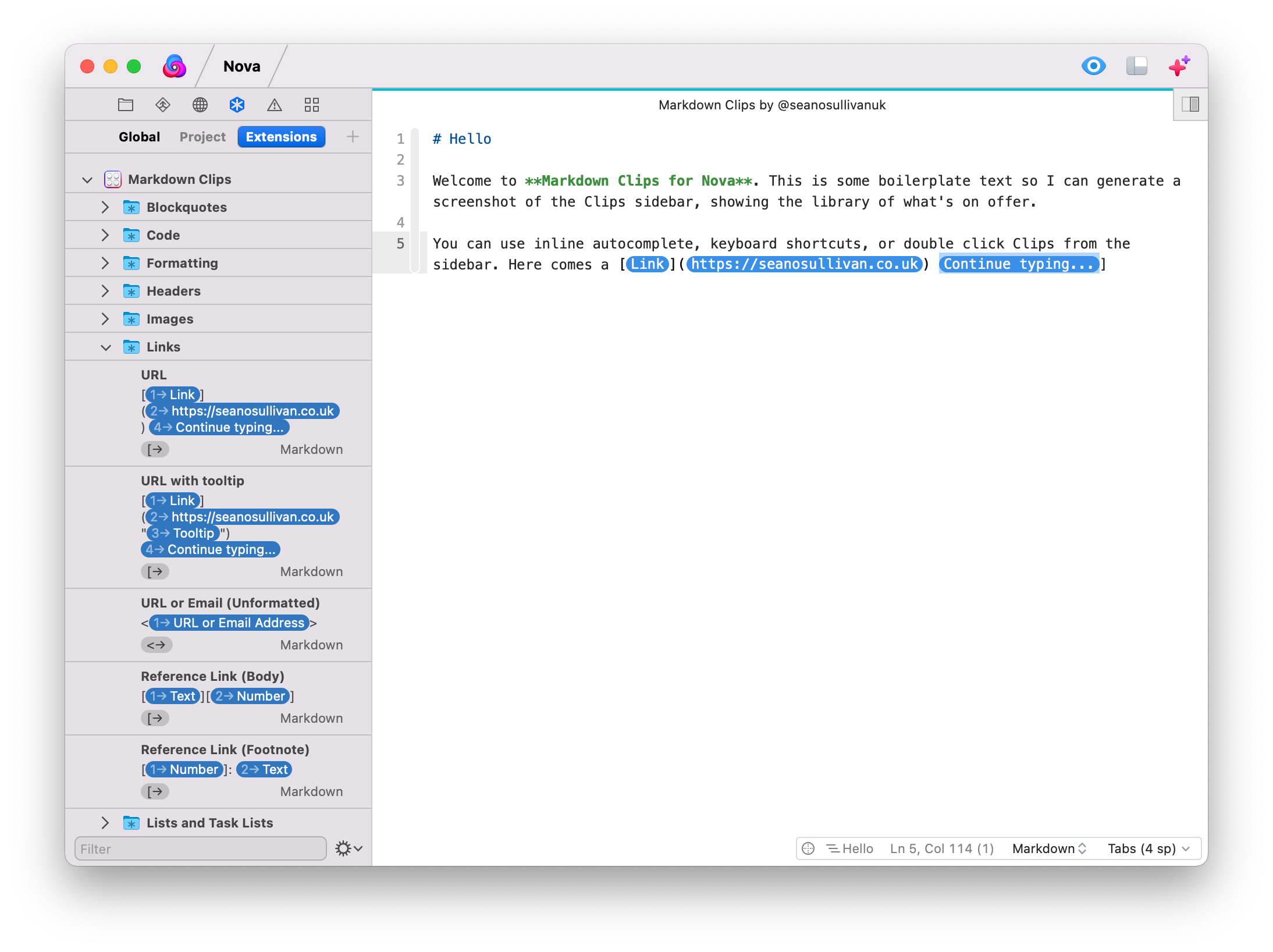 Nova showing the Markdown Clips sidebar, with a Markdown document open