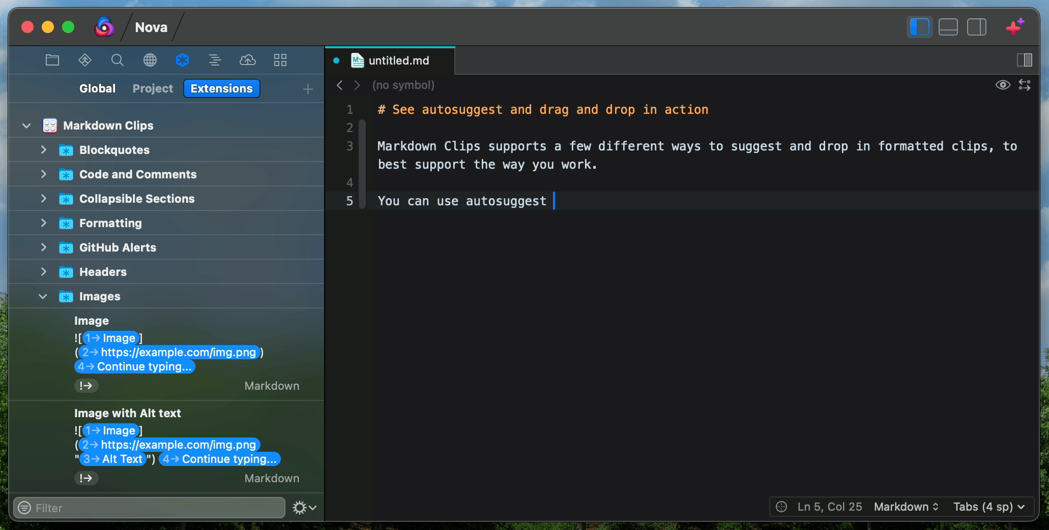 An animated demonstration of Markdown Clips' autosuggest and drag and drop in action