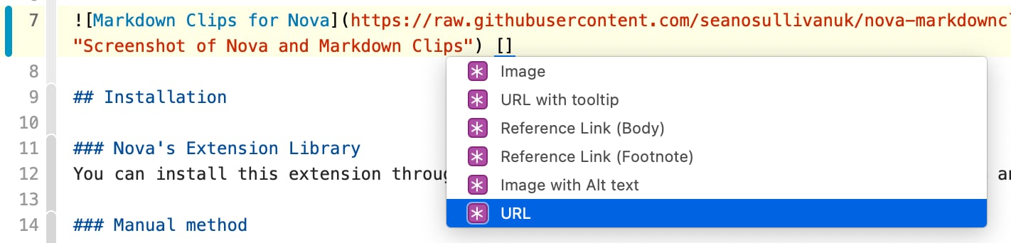 A cropped image of Nova suggesting Markdown tags based on what the user is typing.