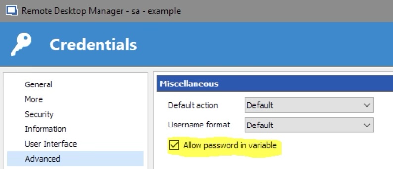 A screenshot of Remote Desktop Manager's new Credential window, highlighting the crucial 'Allow password in variable' option.