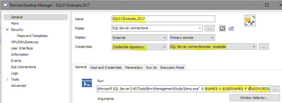 A screenshot of Remote Desktop Manager showing my custom application, with variables filled out, for SQL login authentication