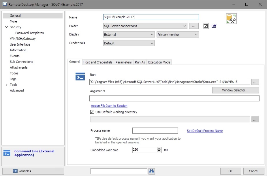 A screenshot of Remote Desktop Manager showing my custom application, with variables filled out, for integrated authentication.