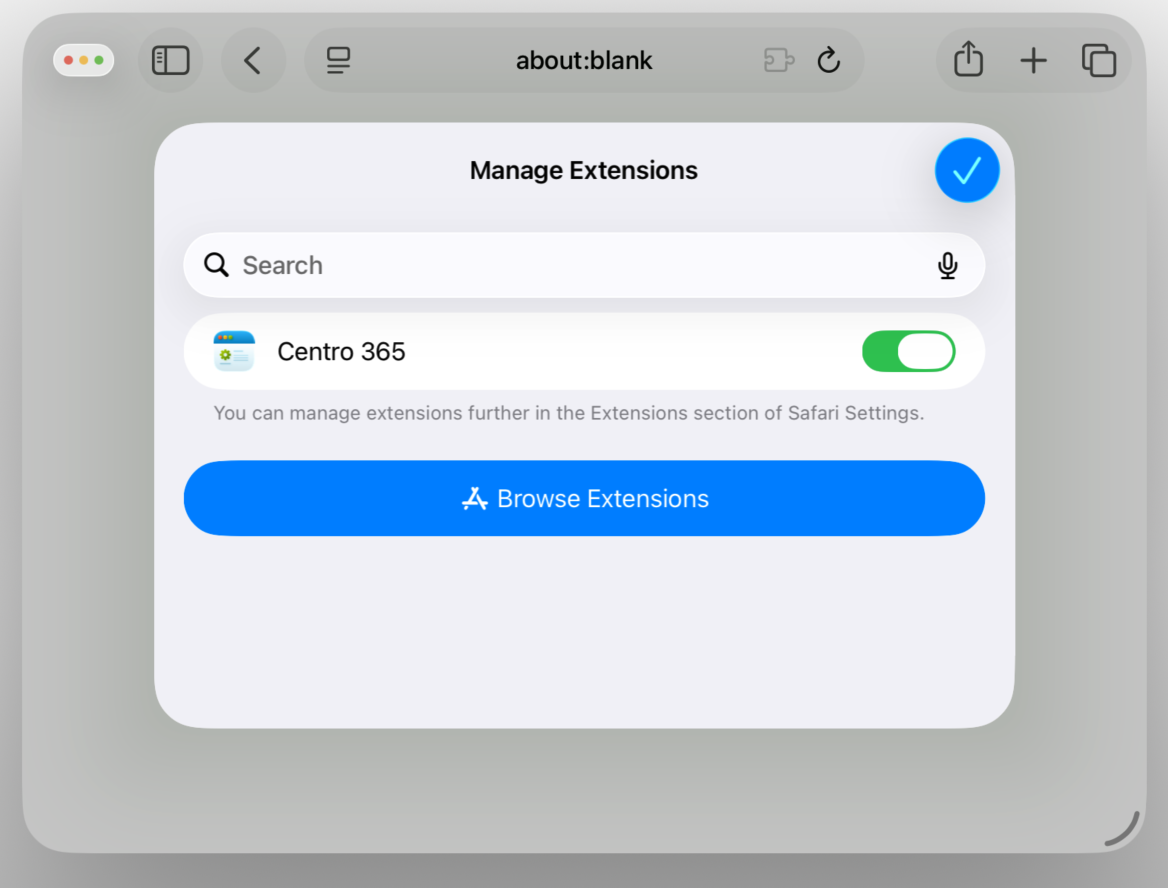 A screenshot showing how to enable the Centro 365 extension on Safari in iPadOS
