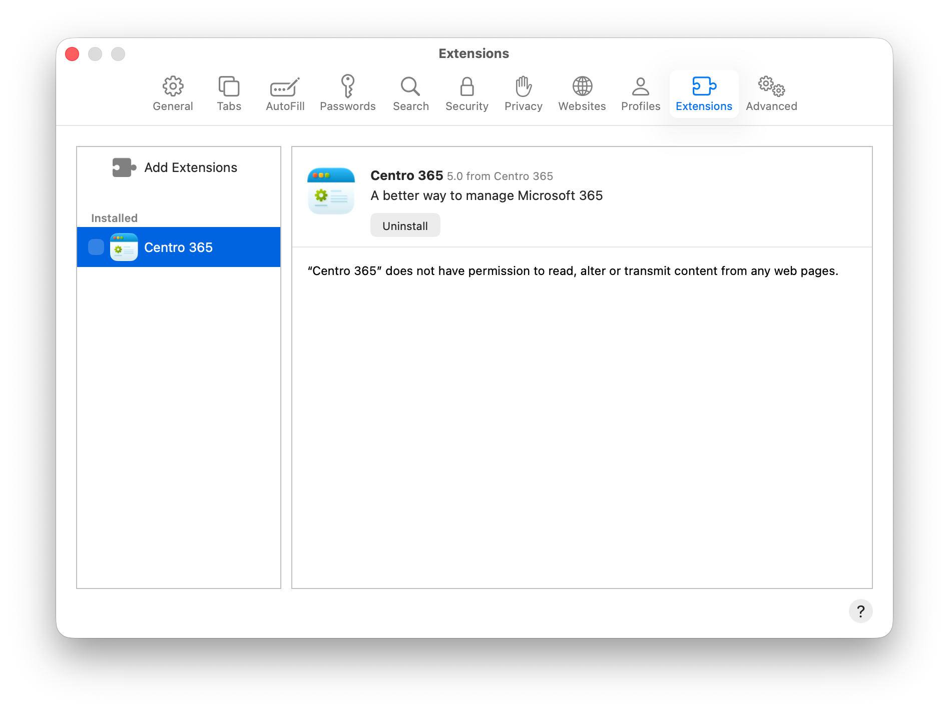 A screenshot showing the Safari preferences, enabling Centro 365